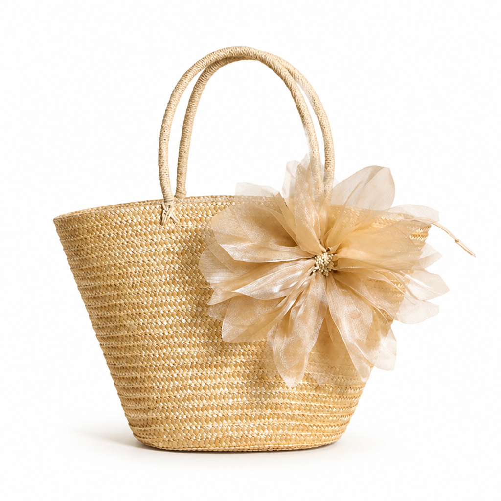 Handcrafted Raffia Floral Tote Bag