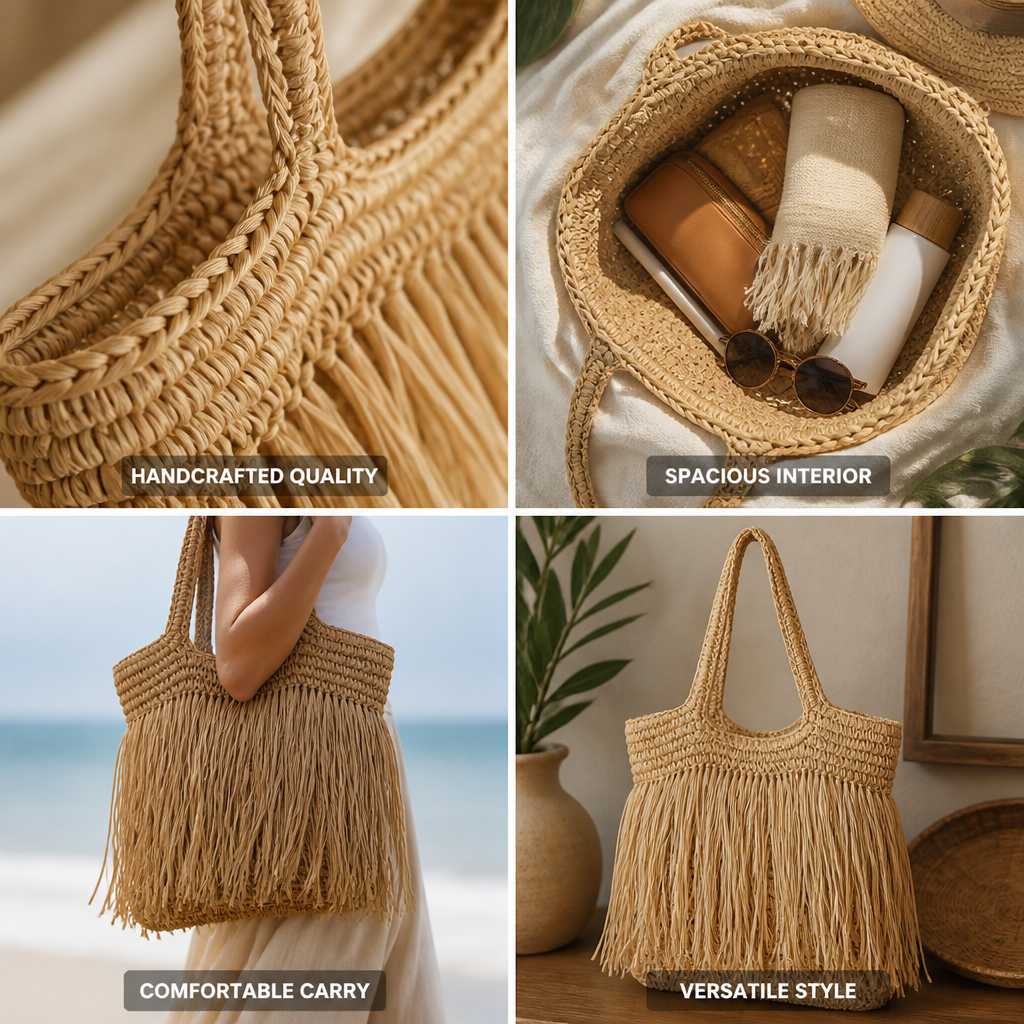 Handcrafted Raffia Fringed Tote Bag