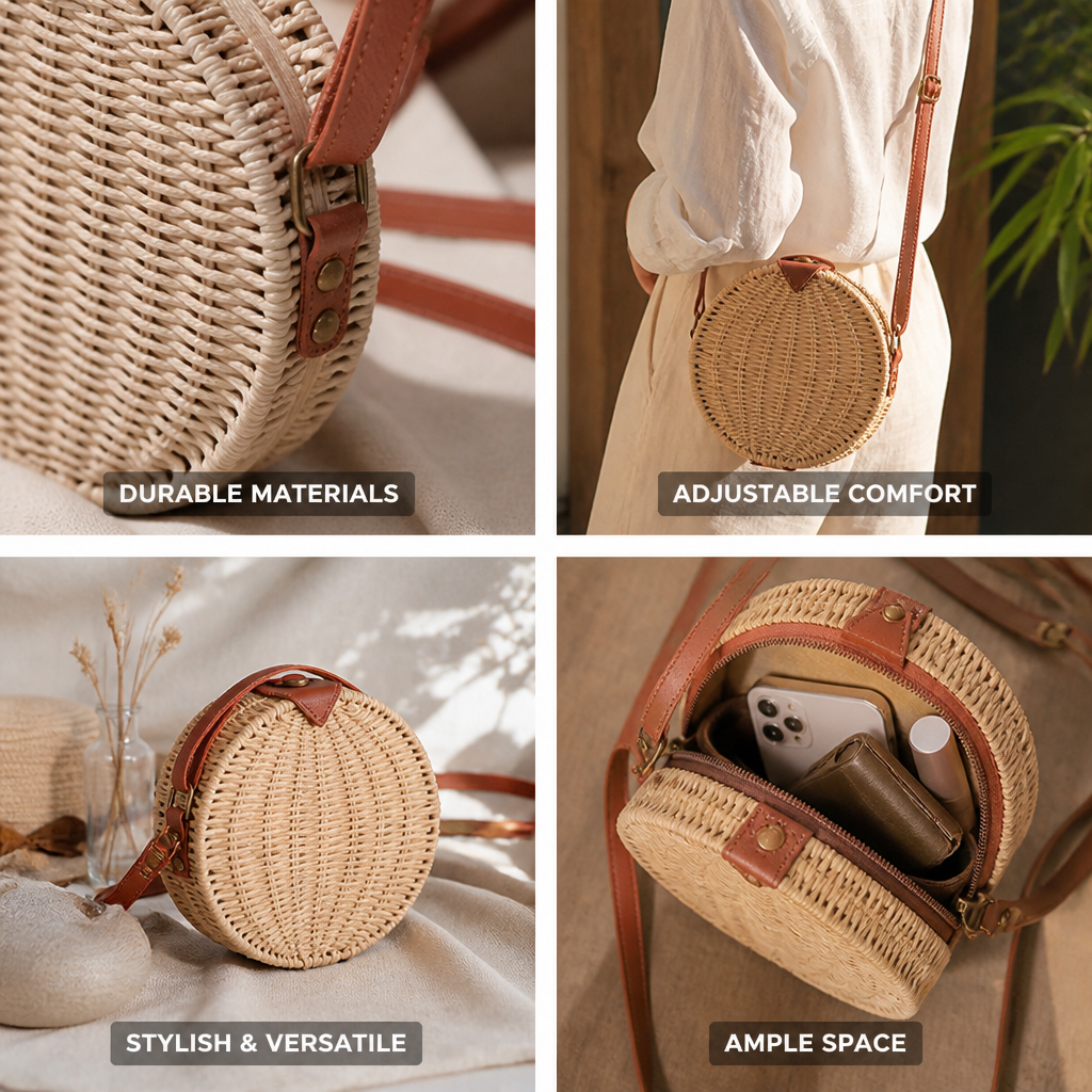 Handcrafted Raffia & Leather Round Basket Bag (Adjustable Strap)
