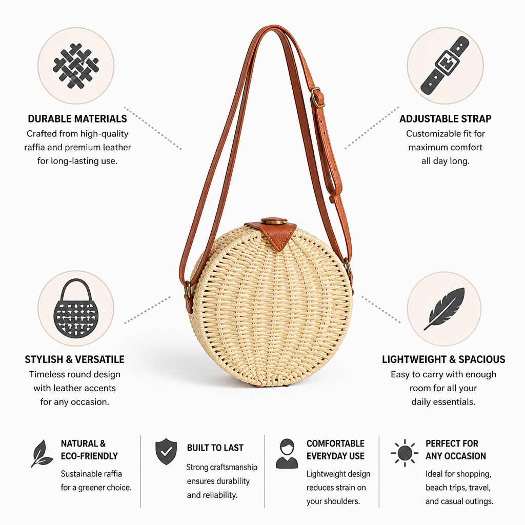 Handcrafted Raffia & Leather Round Basket Bag (Adjustable Strap)