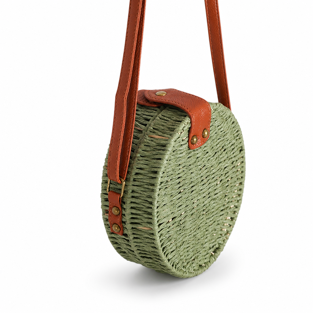 Handcrafted Raffia & Leather Round Basket Bag (Adjustable Strap)