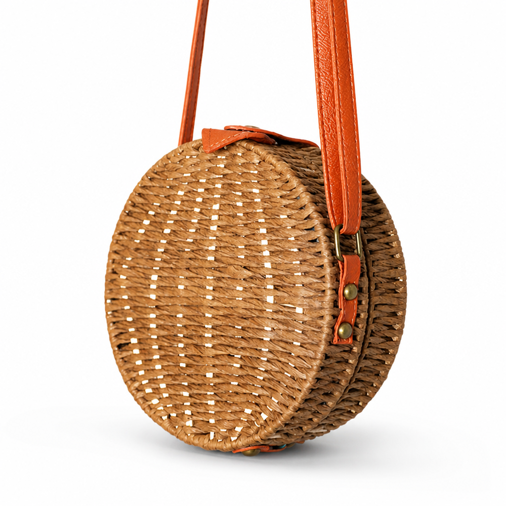 Handcrafted Raffia & Leather Round Basket Bag (Adjustable Strap)