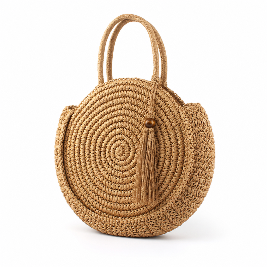 Handcrafted Raffia Tassel Round Straw Bag