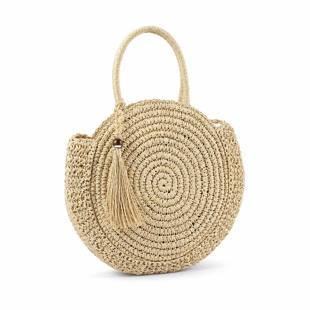 Handcrafted Raffia Tassel Round Straw Bag