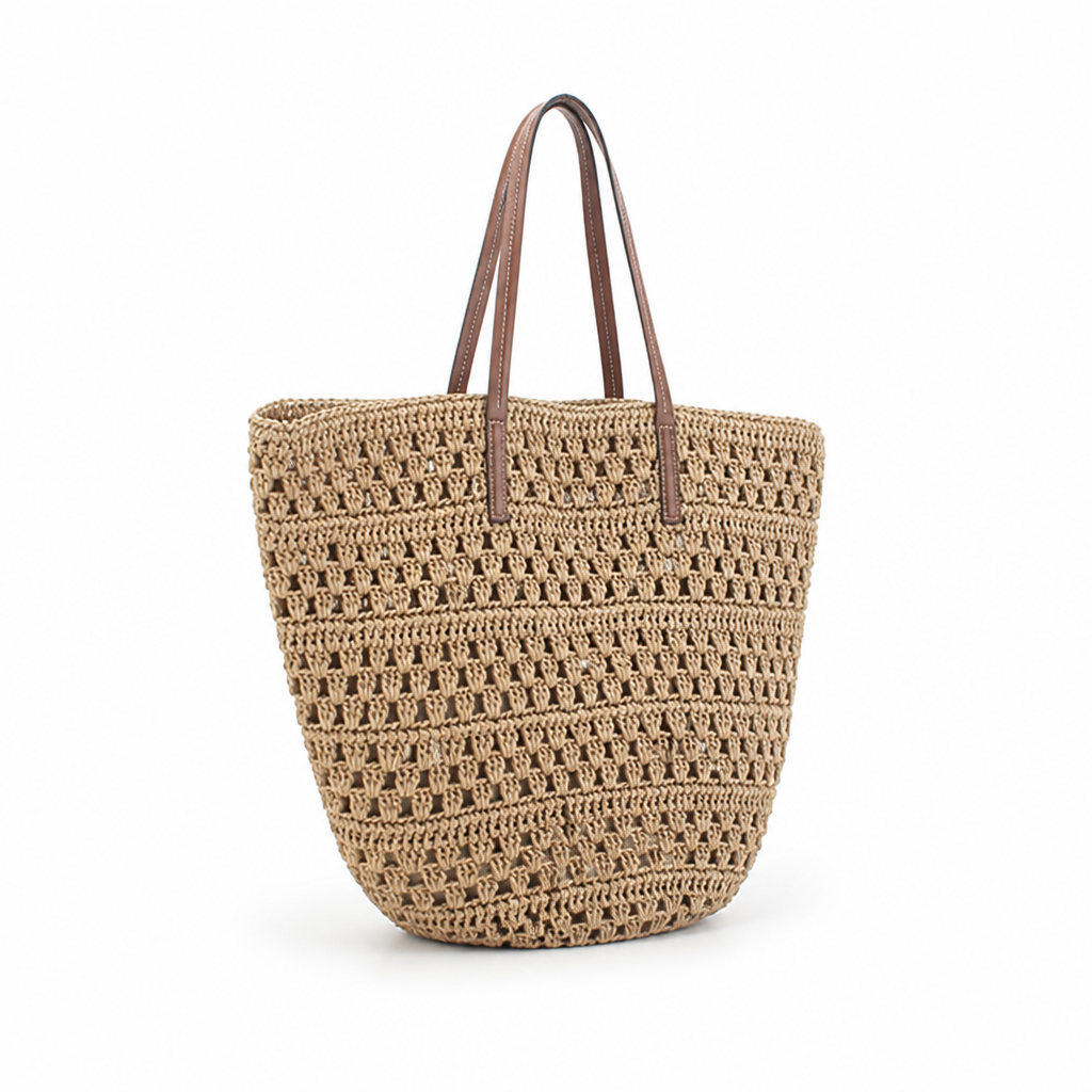 Handcrafted Raffia Wide-Mesh Leather-Handled Beach Bag