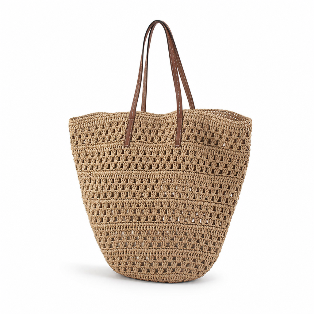 Handcrafted Raffia Wide-Mesh Leather-Handled Beach Bag
