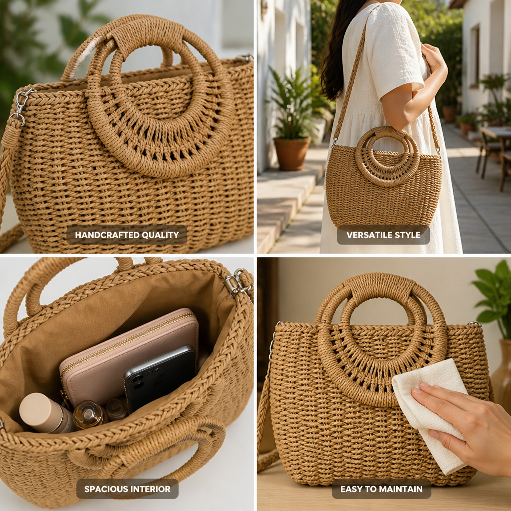 Handcrafted Rattan Round-Handle Handbag (Removable Strap)