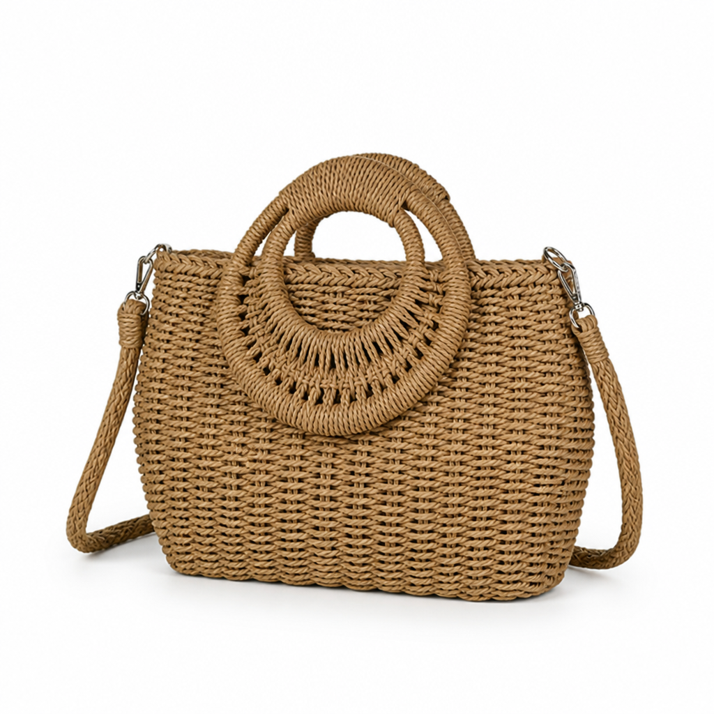 Handcrafted Rattan Round-Handle Handbag (Removable Strap)