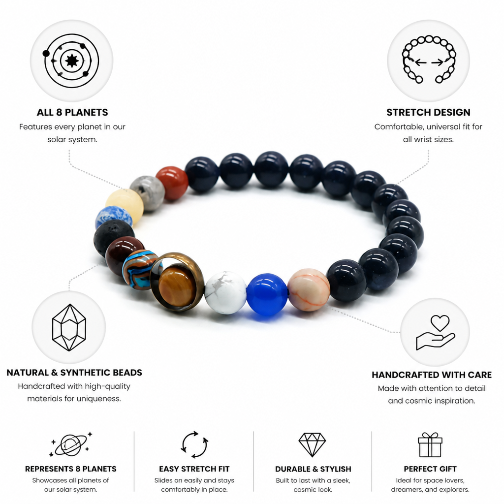 Handcrafted Solar System Beaded Bracelet (Stretch)
