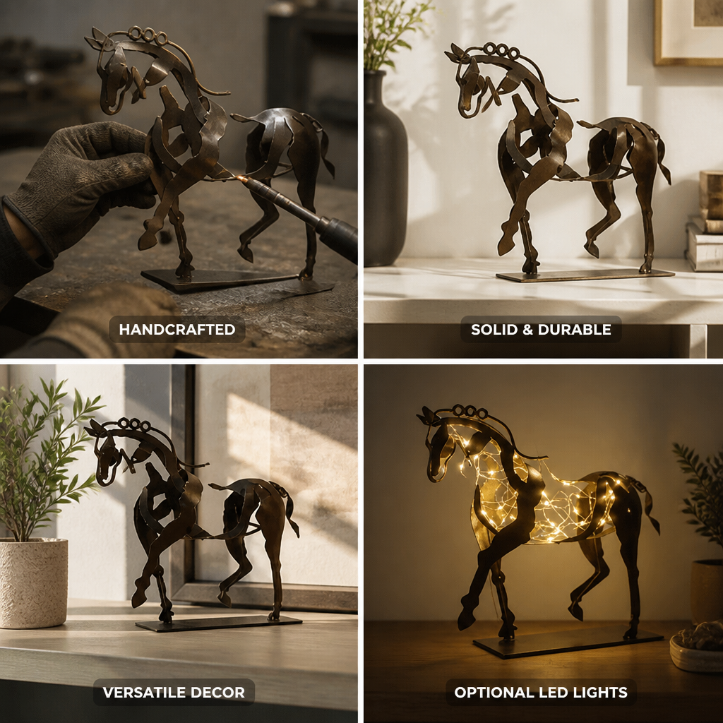 Handcrafted Solid Metal Horse Figurine (Optional LED Lights)
