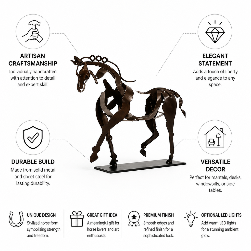 Handcrafted Solid Metal Horse Figurine (Optional LED Lights)