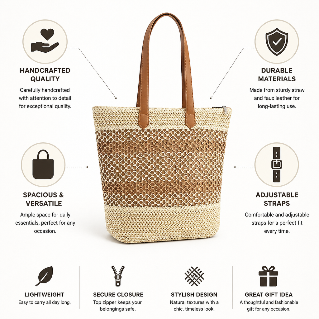 Handcrafted Straw & Faux Leather Tote Bag (Adjustable Straps)
