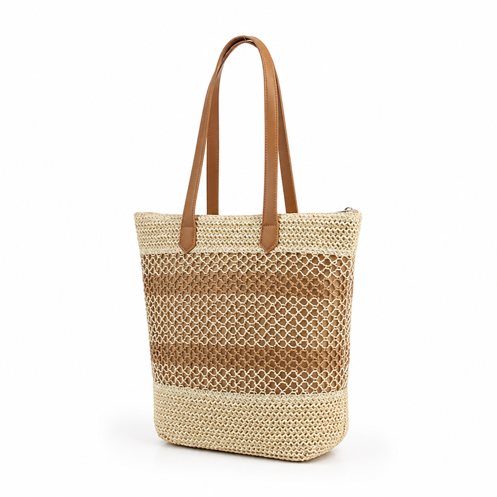 Handcrafted Straw & Faux Leather Tote Bag (Adjustable Straps)