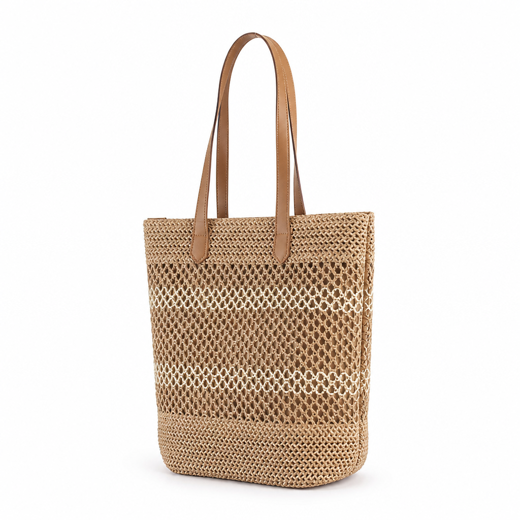 Handcrafted Straw & Faux Leather Tote Bag (Adjustable Straps)