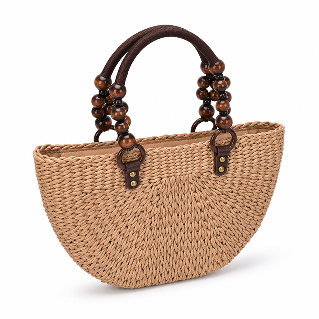 Handcrafted Straw Handbag With Wooden Bead Handles