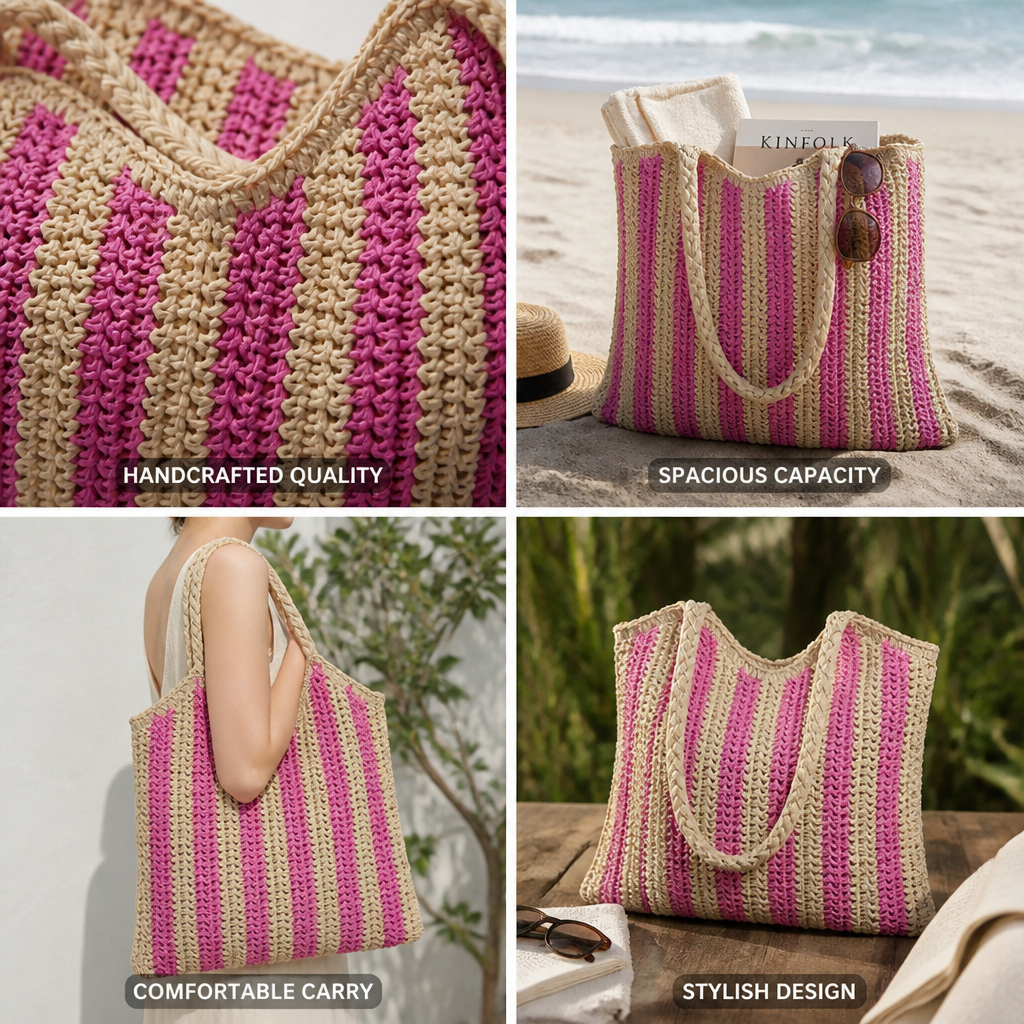 Handcrafted Striped Beach Bag (Braided Handles)