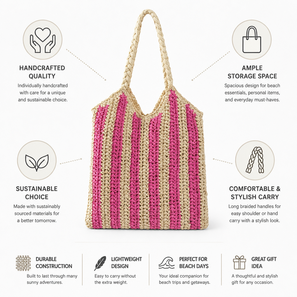 Handcrafted Striped Beach Bag (Braided Handles)
