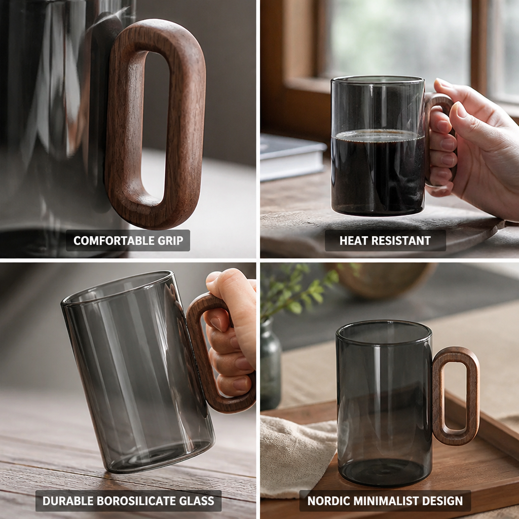 Handcrafted Walnut Handle Borosilicate Glass Mug (350 ml)