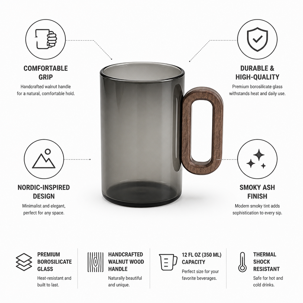 Handcrafted Walnut Handle Borosilicate Glass Mug (350 ml)