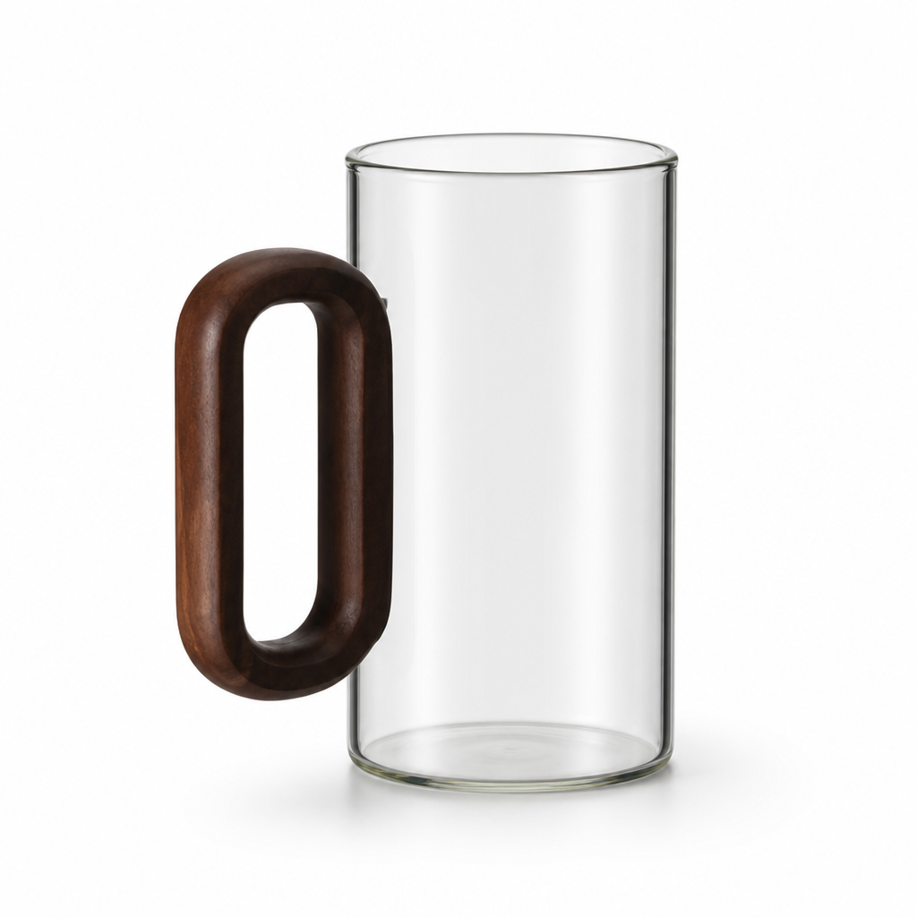 Handcrafted Walnut Handle Borosilicate Glass Mug (350 ml)