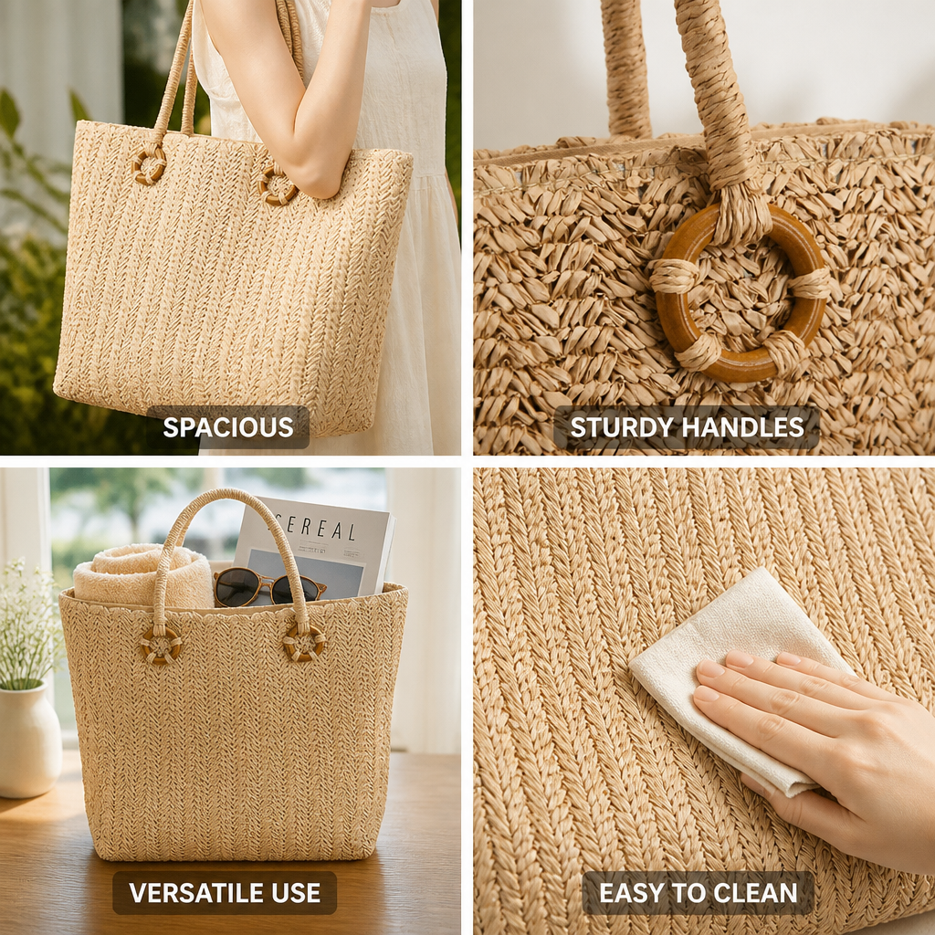 Handcrafted Woven Bamboo-Handled Shopping Bag