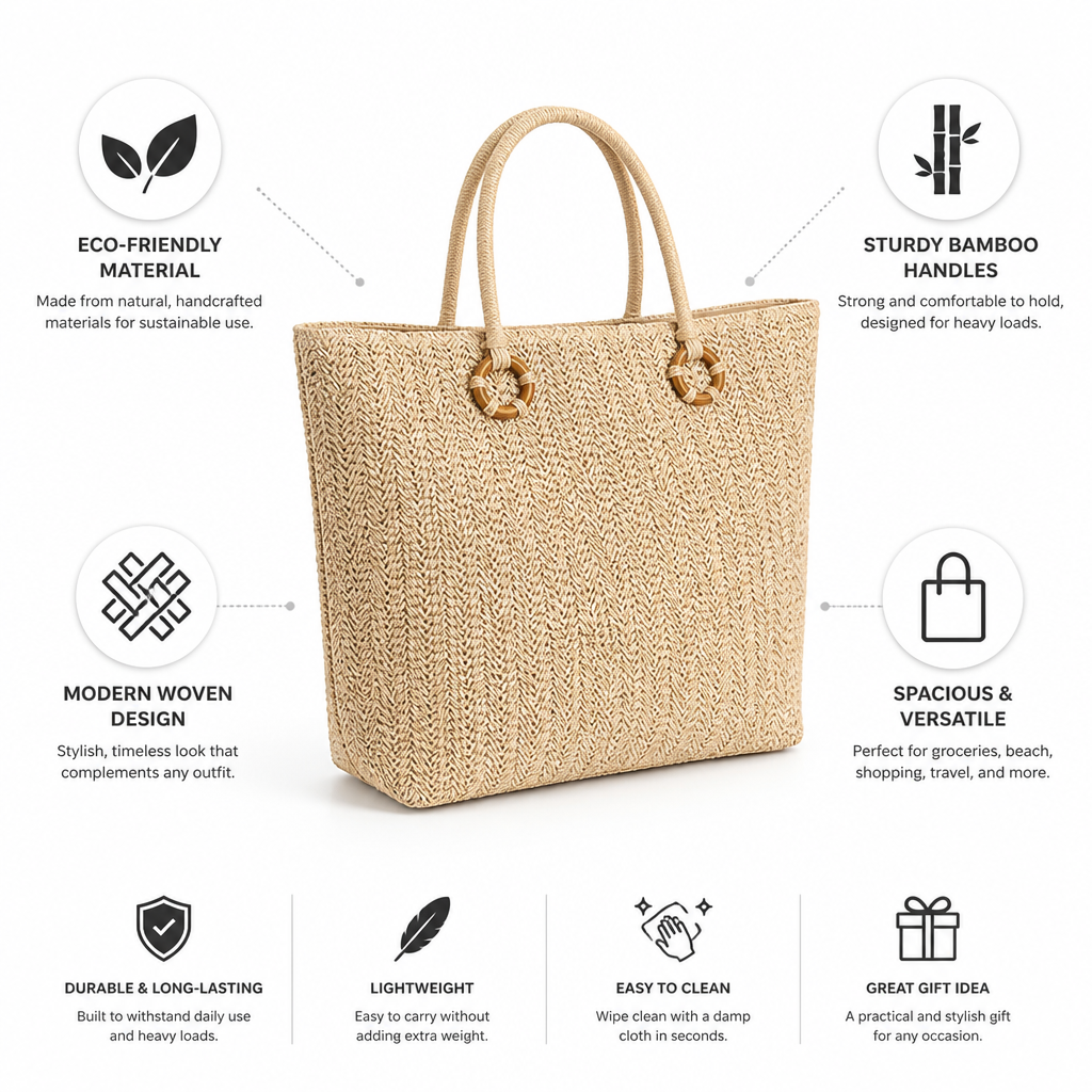 Handcrafted Woven Bamboo-Handled Shopping Bag