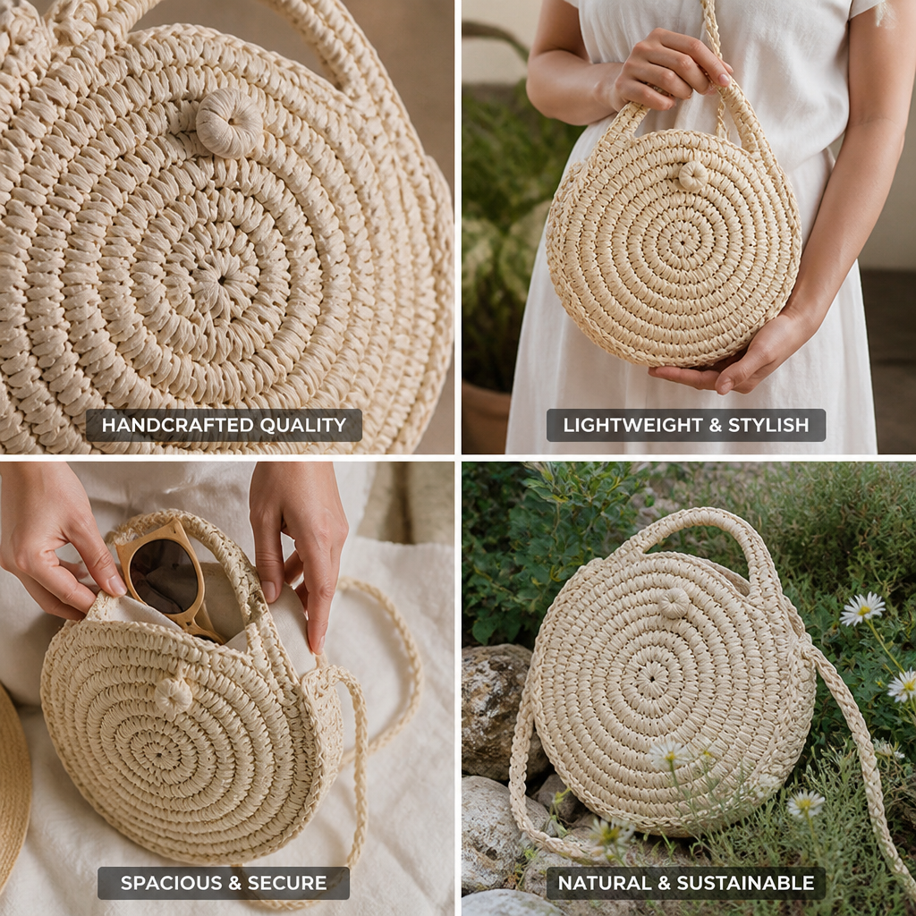 Handcrafted Woven Round Straw Bag