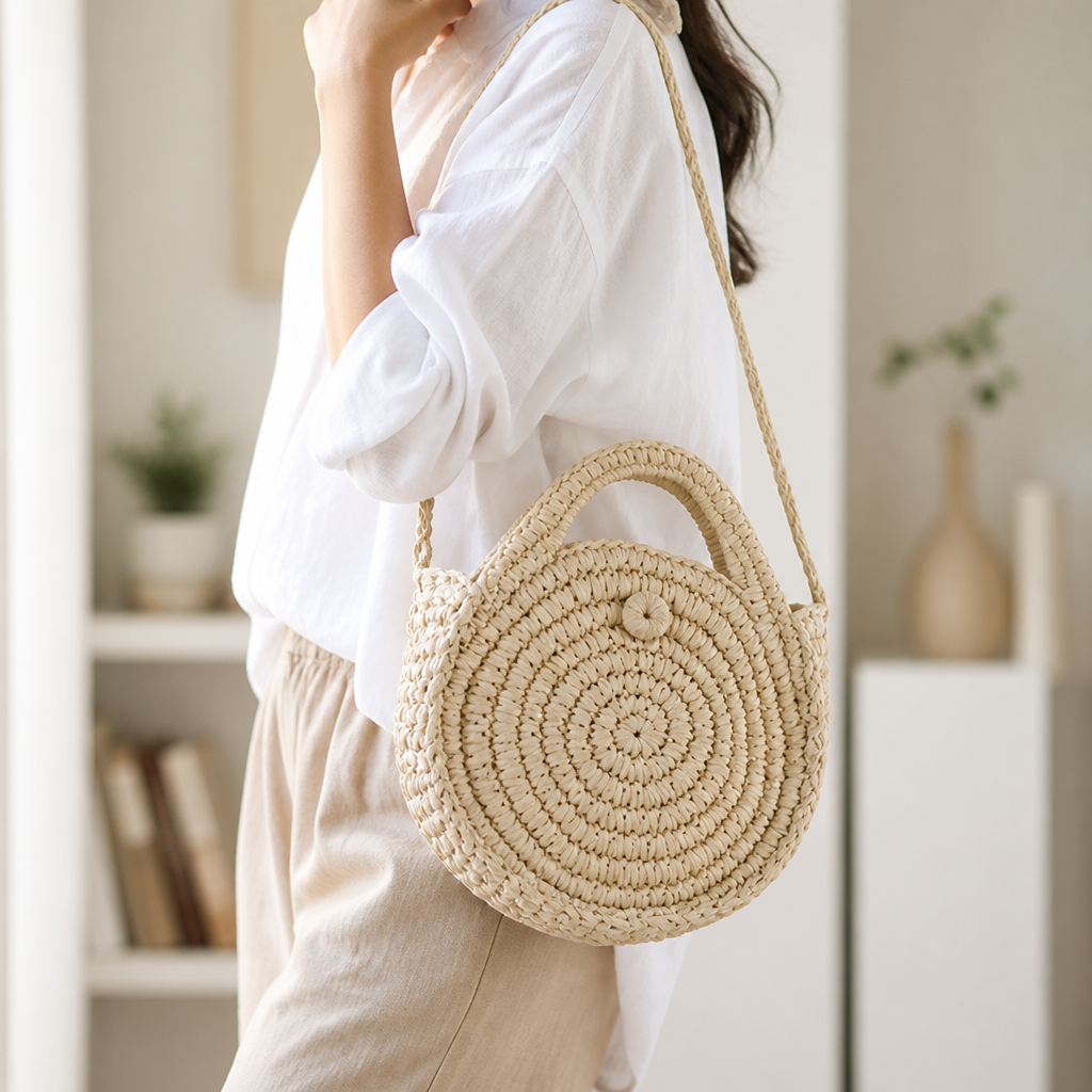 Handcrafted Woven Round Straw Bag