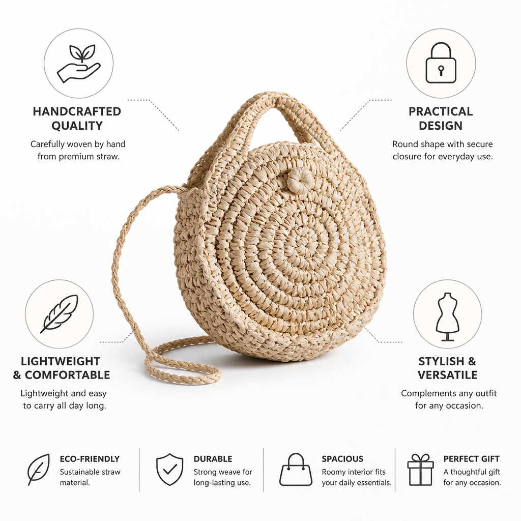Handcrafted Woven Round Straw Bag