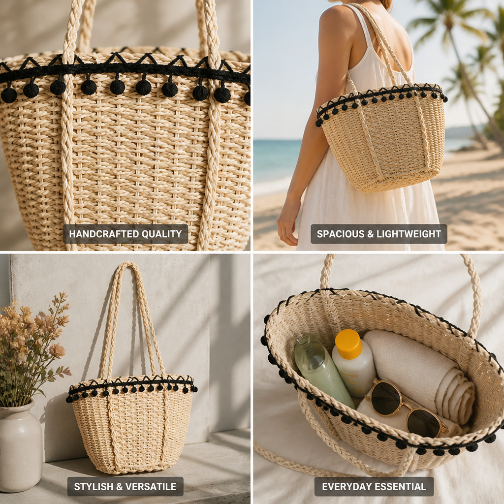 Handcrafted Woven Straw Pompon Beach Tote
