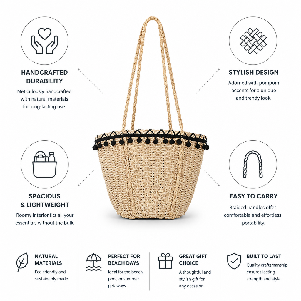 Handcrafted Woven Straw Pompon Beach Tote