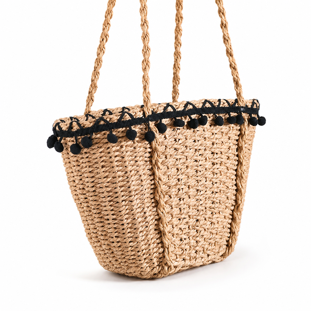 Handcrafted Woven Straw Pompon Beach Tote