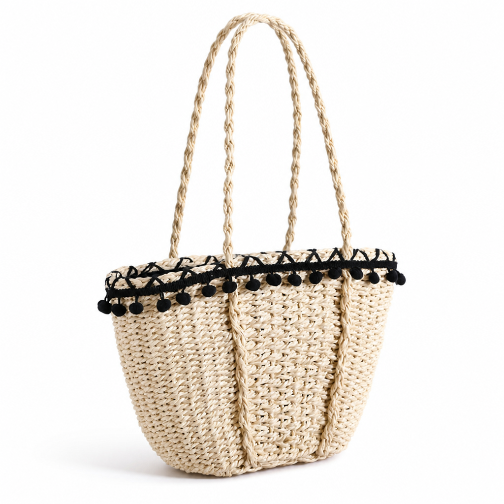 Handcrafted Woven Straw Pompon Beach Tote