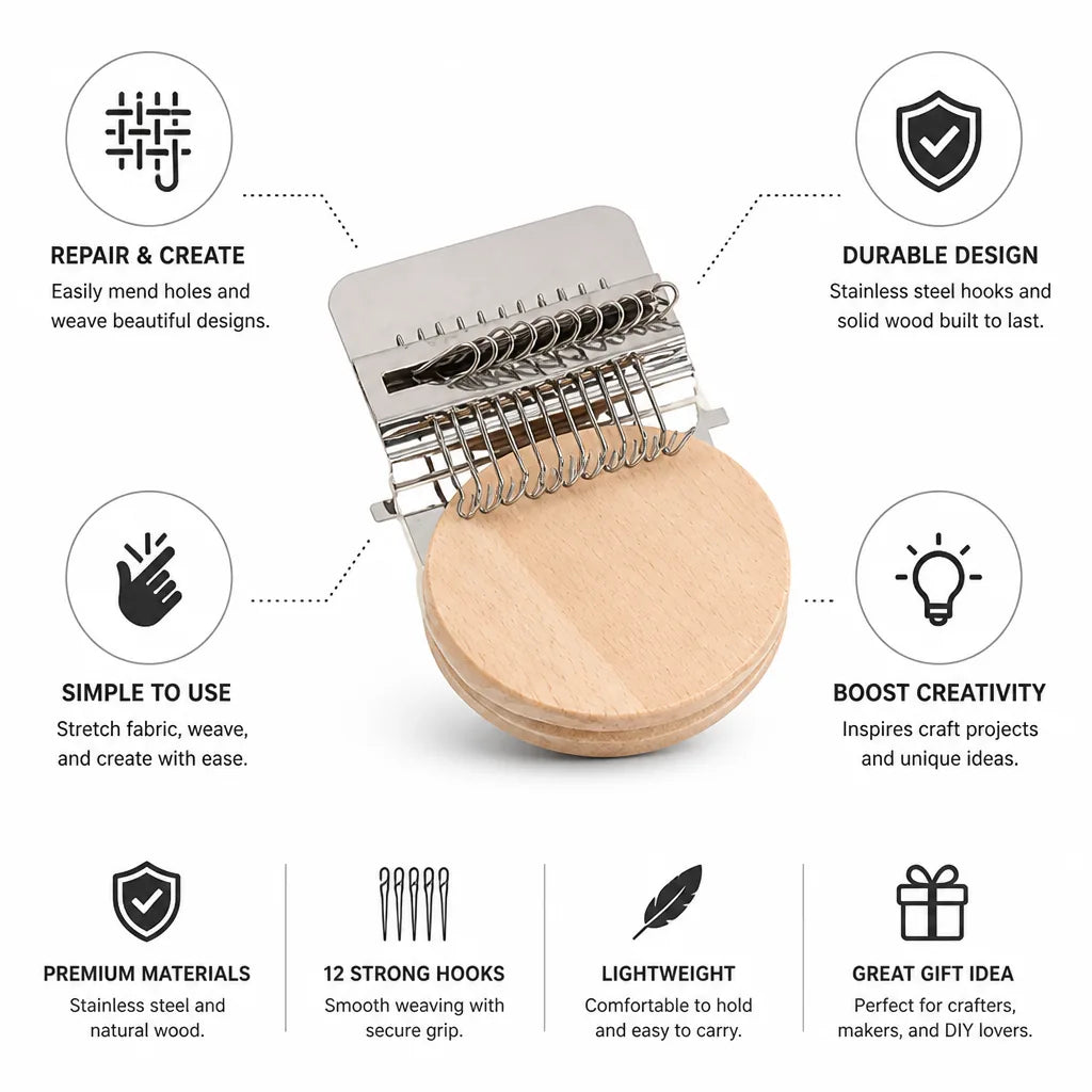 Handheld Darning Loom 12-Hook Wood & Stainless Steel