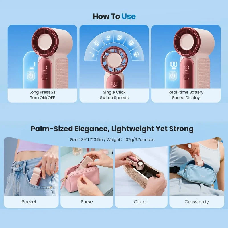 Handheld Fan Compact LED Display 6-Speed Settings