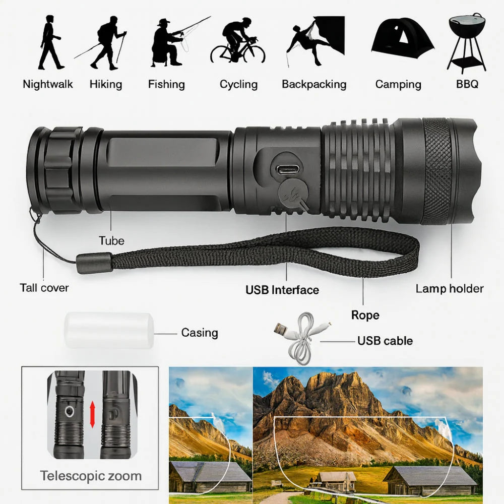 Handheld Flashlight USB Rechargeable LED Water-Resistant