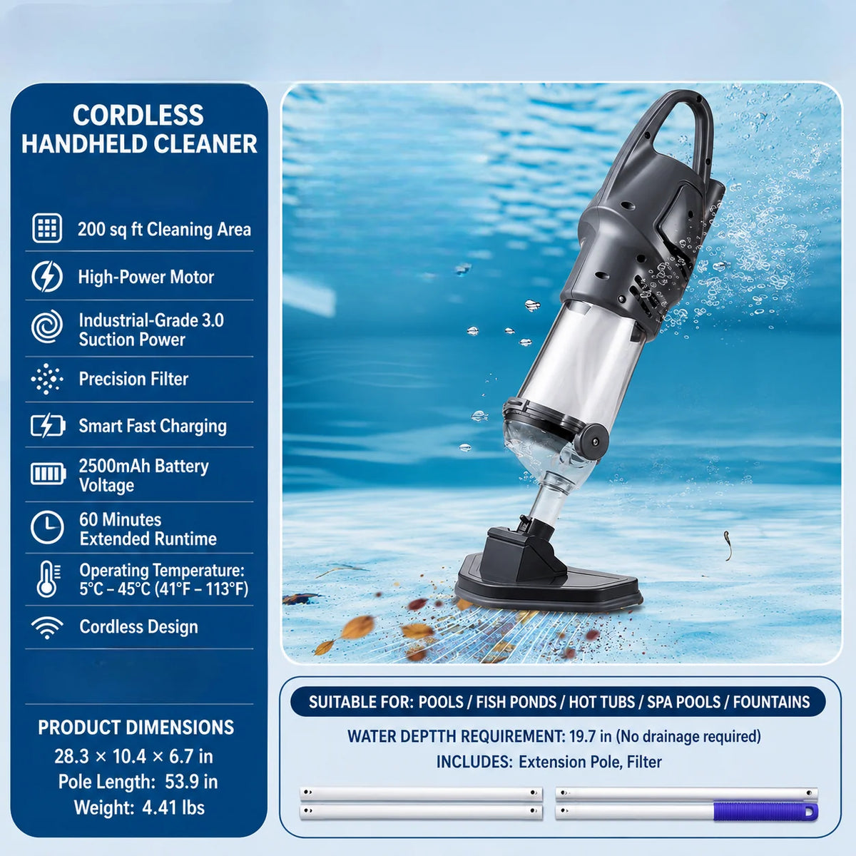 Handheld Pool Vacuum Cordless Rechargeable Four Configurations