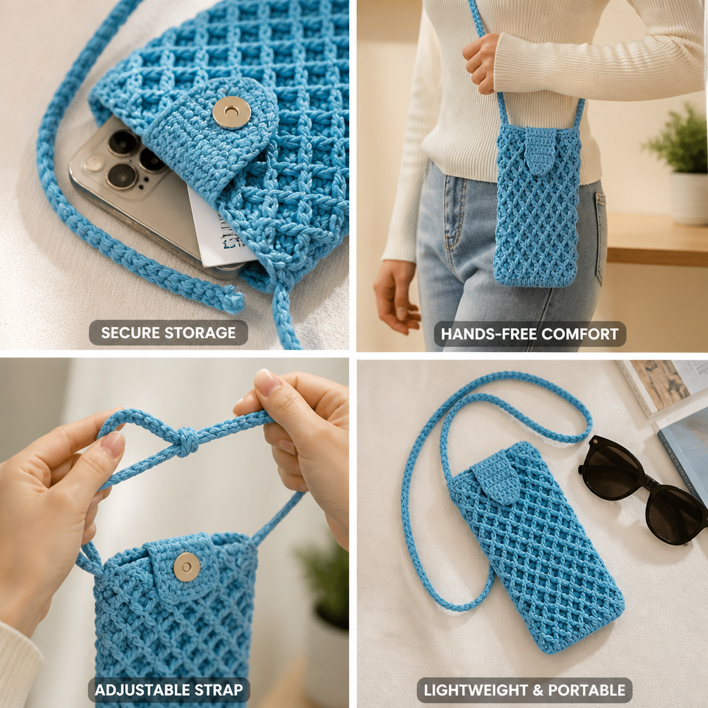 Handmade Crochet Adjustable Strap Phone Bag (Fits Most Smartphones)