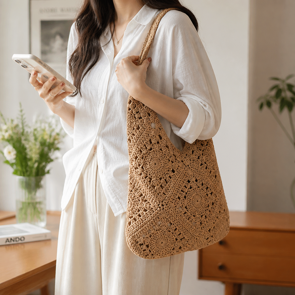 Handmade Crochet Wide-Strap Crossbody Bag