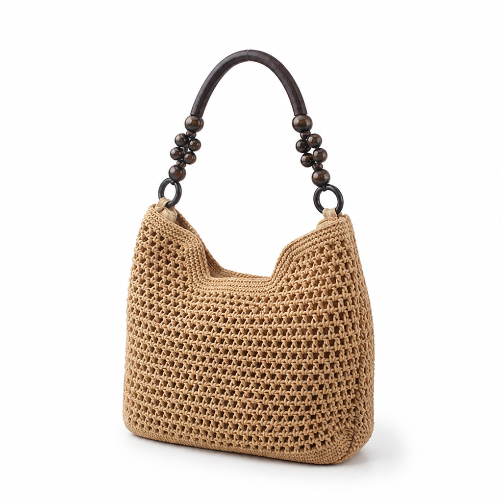 Handmade Eco Mesh Shoulder Bag With Ornate Wooden Handles