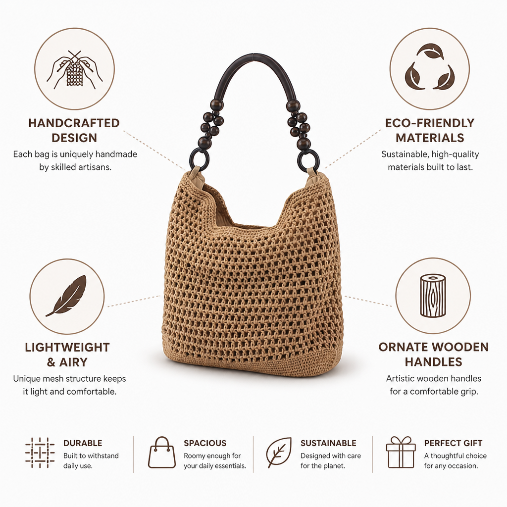 Handmade Eco Mesh Shoulder Bag With Ornate Wooden Handles