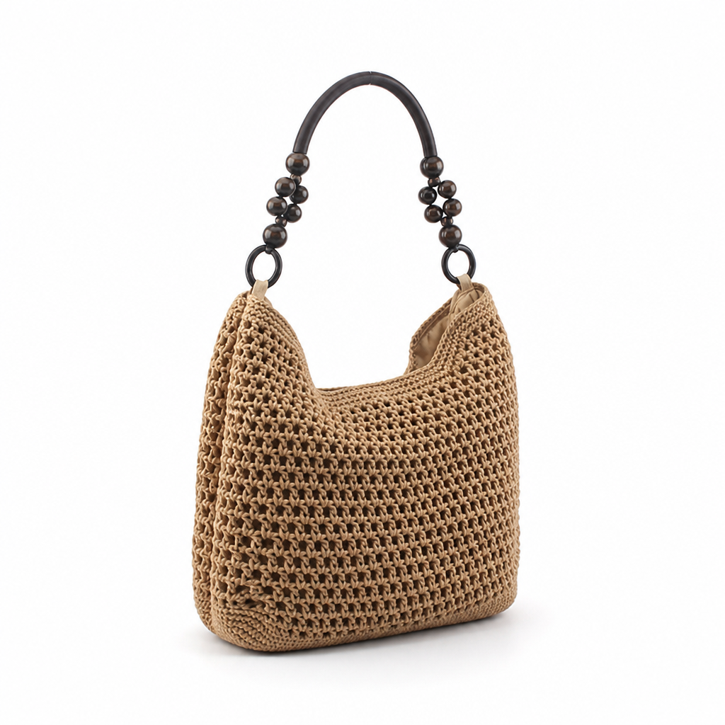 Handmade Eco Mesh Shoulder Bag With Ornate Wooden Handles