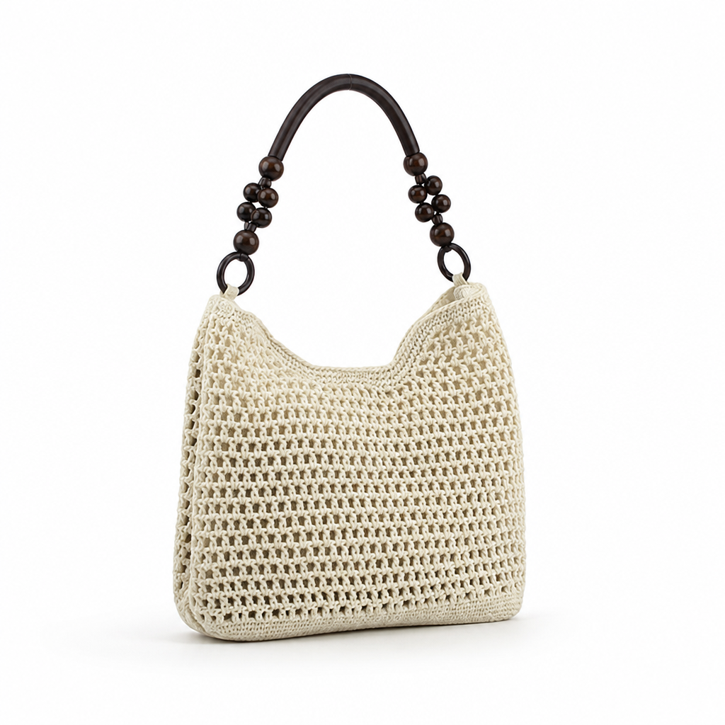 Handmade Eco Mesh Shoulder Bag With Ornate Wooden Handles