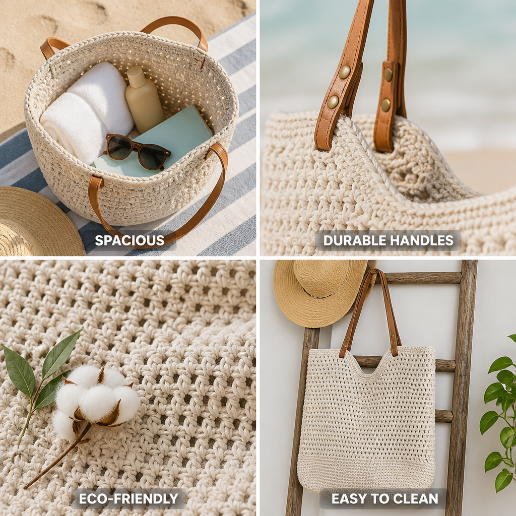 Handmade Macrame Cotton Beach Bag (Hand-Sewn Leather Handles)