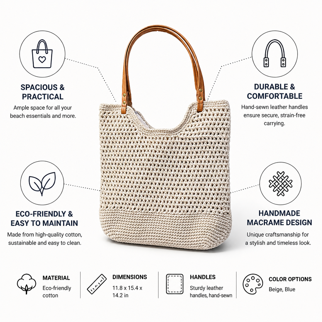 Handmade Macrame Cotton Beach Bag (Hand-Sewn Leather Handles)