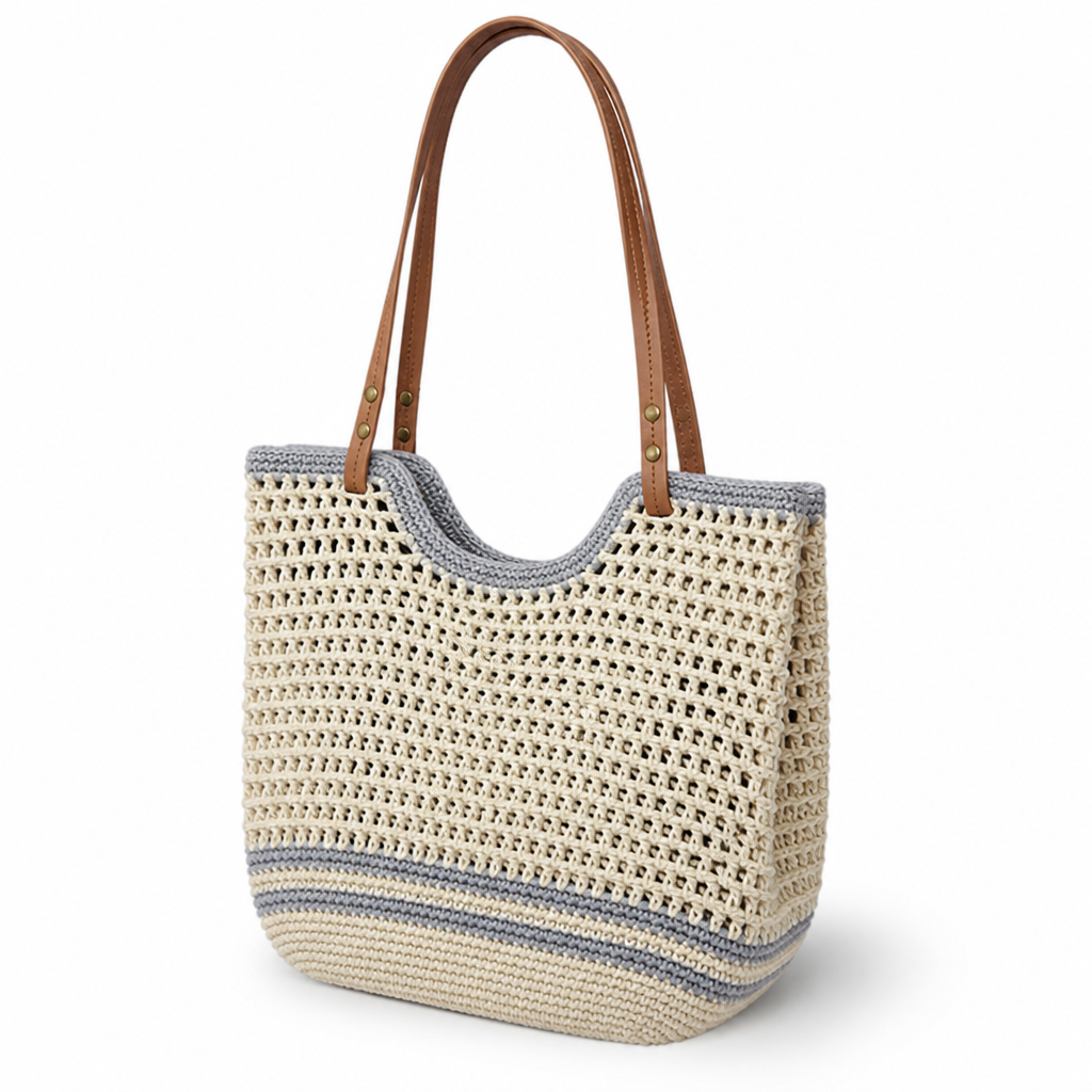Handmade Macrame Cotton Beach Bag (Hand-Sewn Leather Handles)