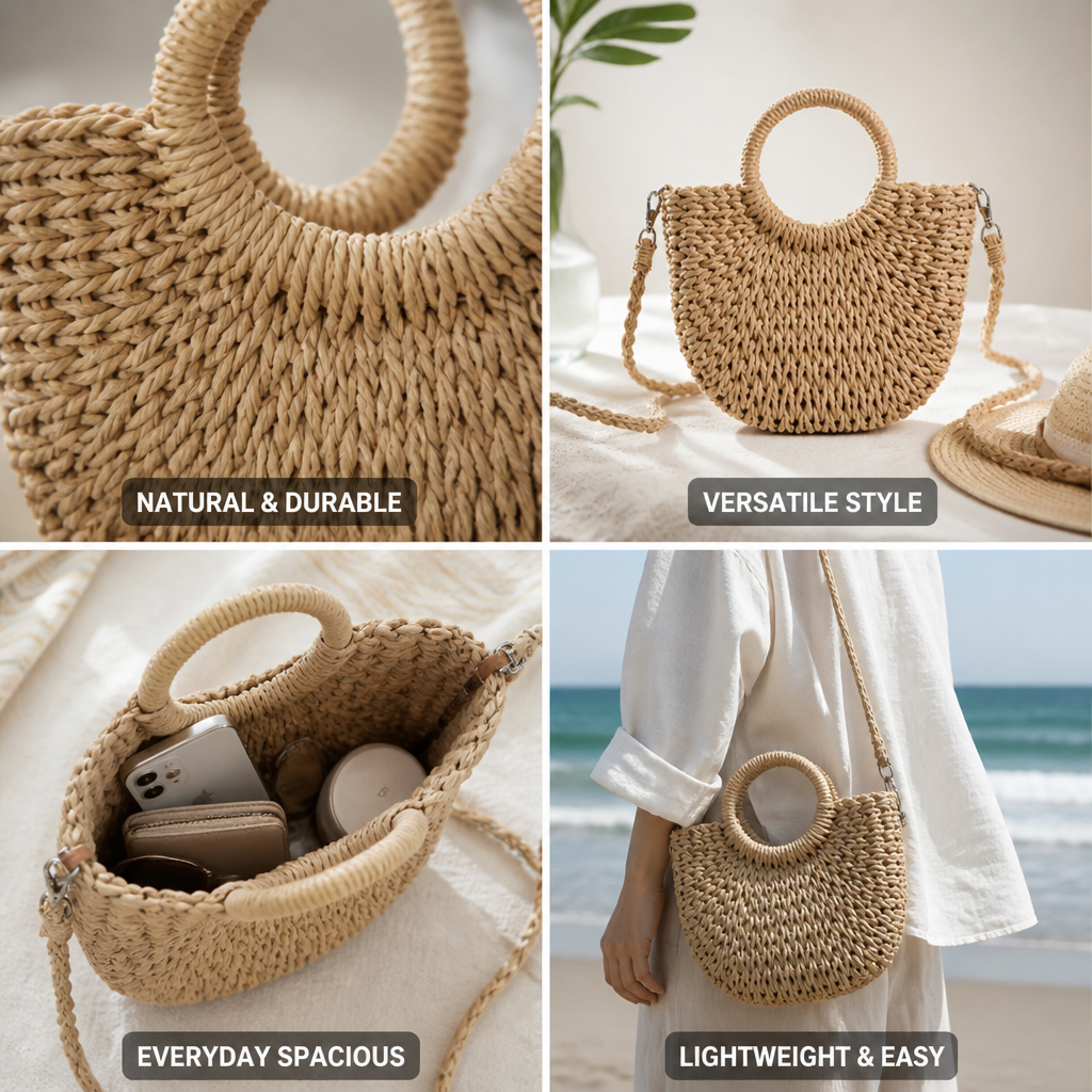 Handmade Natural Bast Handbag (Detachable Shoulder Strap)