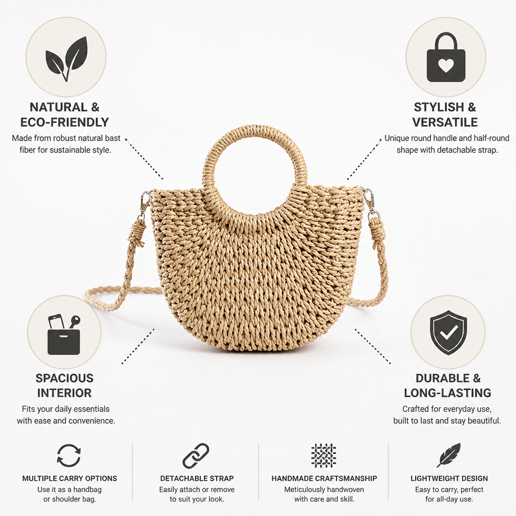 Handmade Natural Bast Handbag (Detachable Shoulder Strap)