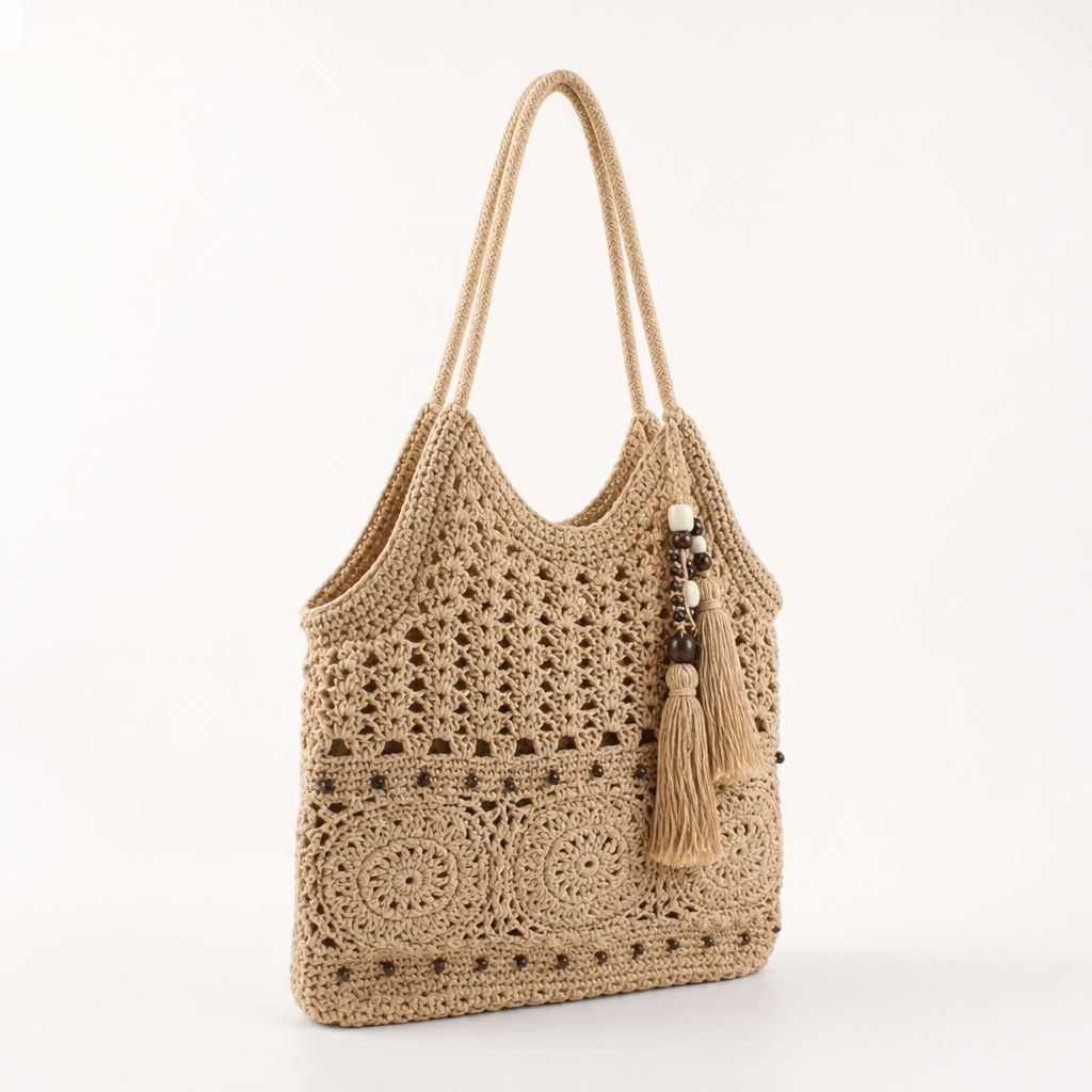 Handmade Natural-Fiber Fringed Crochet Handbag