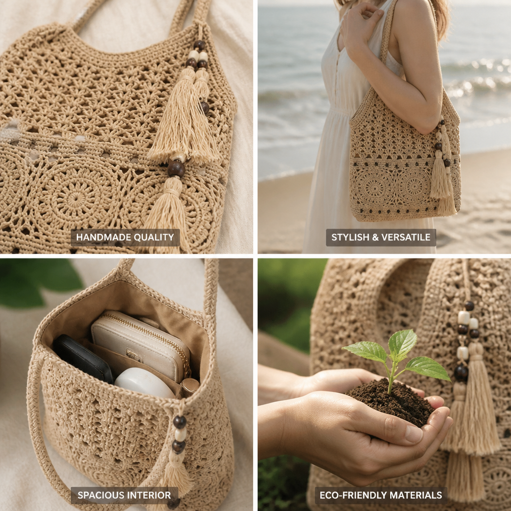Handmade Natural-Fiber Fringed Crochet Handbag